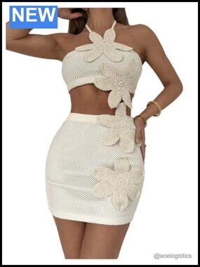 Women's Crochet Vacation Skirt Set 2 Piece Halter Crop Top Bodycon Mini